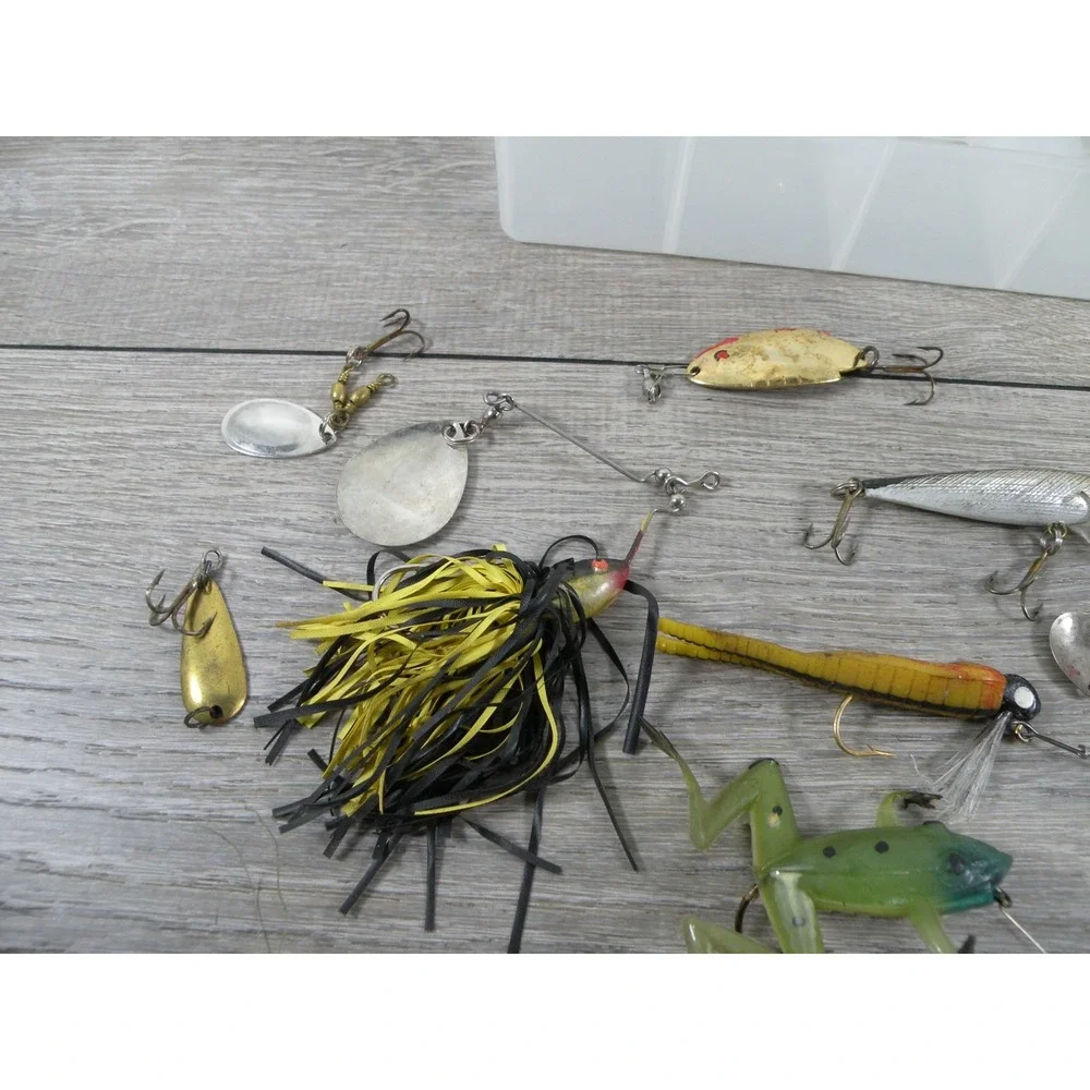 Vintage Fishing Lure Lot Mixed Hard Soft Baits Spoons Spinners Tackle Box